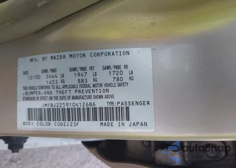 2001 Mazda Protege Es/Lx z USA, uszkodzony, nr VIN JM1BJ225910412686